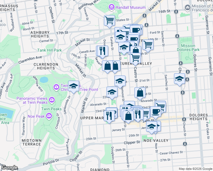 map of restaurants, bars, coffee shops, grocery stores, and more near 528 Douglass Street in San Francisco