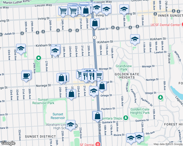 map of restaurants, bars, coffee shops, grocery stores, and more near 1755 20th Avenue in San Francisco