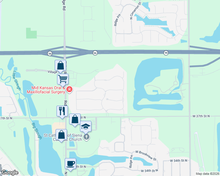 map of restaurants, bars, coffee shops, grocery stores, and more near 4106 North Ridge Road in Wichita