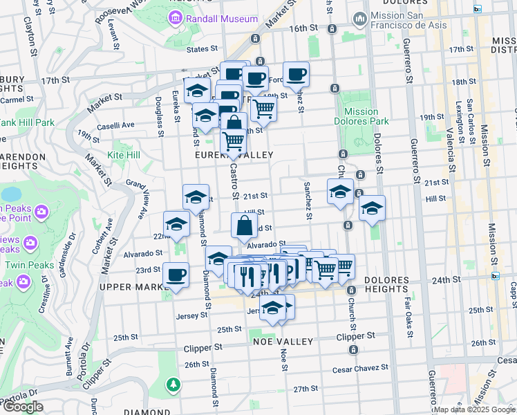 map of restaurants, bars, coffee shops, grocery stores, and more near 832 Noe Street in San Francisco