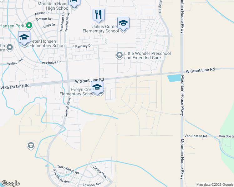 map of restaurants, bars, coffee shops, grocery stores, and more near 1662 Corinthian Way in Tracy