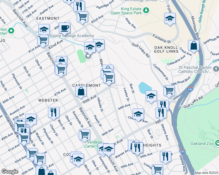 map of restaurants, bars, coffee shops, grocery stores, and more near MacArthur Boulevard & 90th Avenue in Oakland
