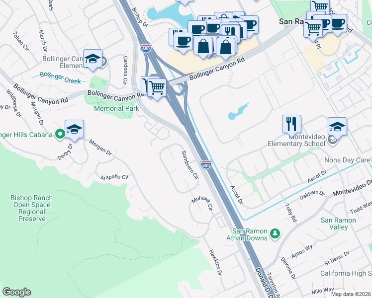 map of restaurants, bars, coffee shops, grocery stores, and more near 808 Barnwood Drive in San Ramon