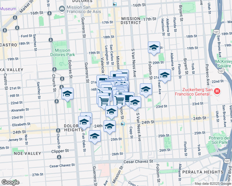 map of restaurants, bars, coffee shops, grocery stores, and more near 2620-2624 Mission Street in San Francisco