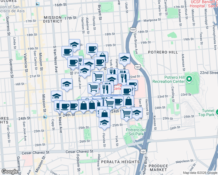 map of restaurants, bars, coffee shops, grocery stores, and more near 290-2 Bryant Street in San Francisco