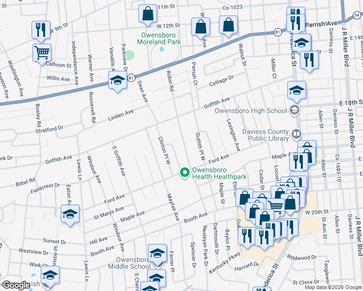 map of restaurants, bars, coffee shops, grocery stores, and more near 2018 Clinton Place East in Owensboro
