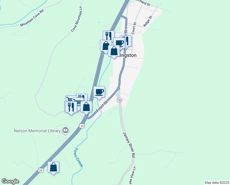 map of restaurants, bars, coffee shops, grocery stores, and more near 393 Front Street in Lovingston