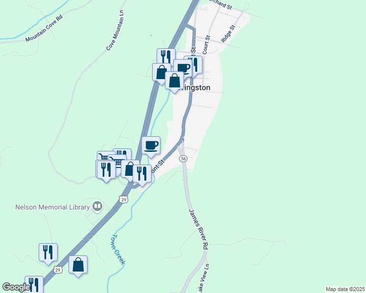 map of restaurants, bars, coffee shops, grocery stores, and more near 14020 James River Road in Lovingston