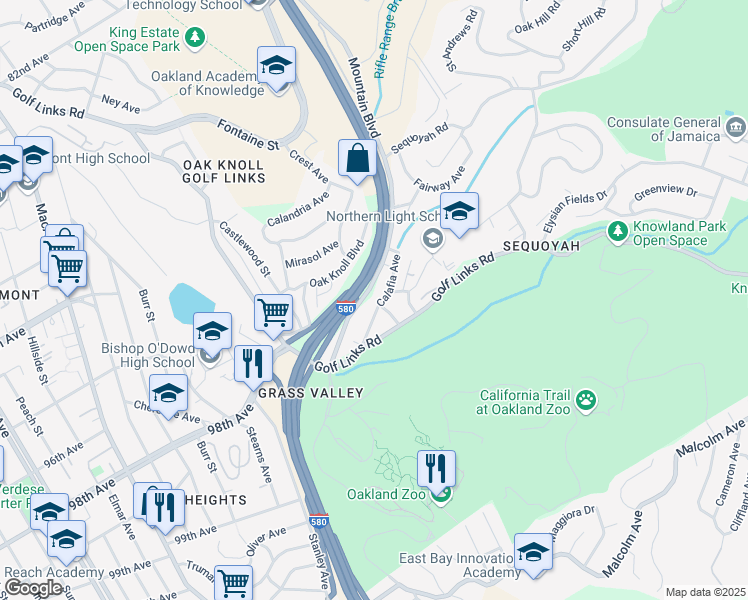 map of restaurants, bars, coffee shops, grocery stores, and more near 3601 Calafia Avenue in Oakland