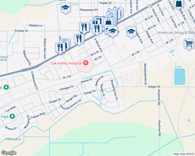 map of restaurants, bars, coffee shops, grocery stores, and more near 554 Stetson Drive in Oakdale