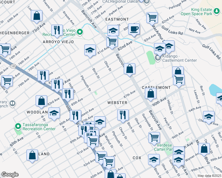 map of restaurants, bars, coffee shops, grocery stores, and more near 1927 86th Avenue in Oakland