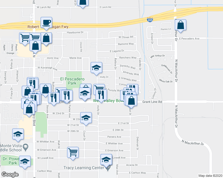 map of restaurants, bars, coffee shops, grocery stores, and more near 140 Portola Way in Tracy