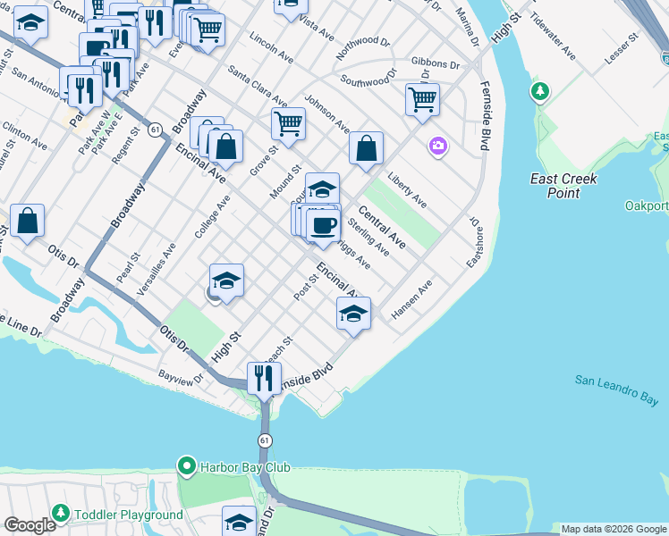map of restaurants, bars, coffee shops, grocery stores, and more near 3233 Madison Street in Alameda