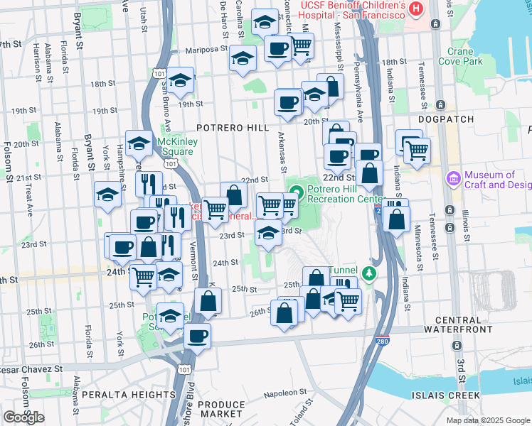map of restaurants, bars, coffee shops, grocery stores, and more near 999 Wisconsin Street in San Francisco