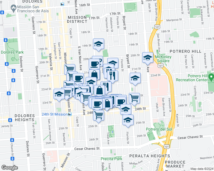 map of restaurants, bars, coffee shops, grocery stores, and more near 986-998 Treat Avenue in San Francisco