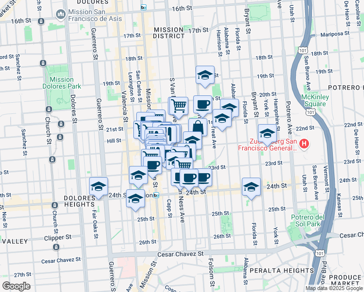 map of restaurants, bars, coffee shops, grocery stores, and more near 1136 South Van Ness Avenue in San Francisco