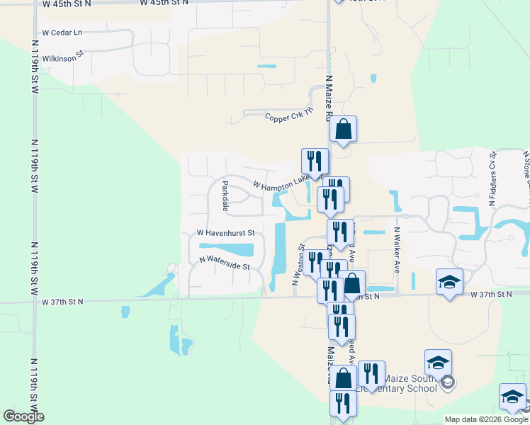 map of restaurants, bars, coffee shops, grocery stores, and more near 10714 Hearth Stone Circle in Maize