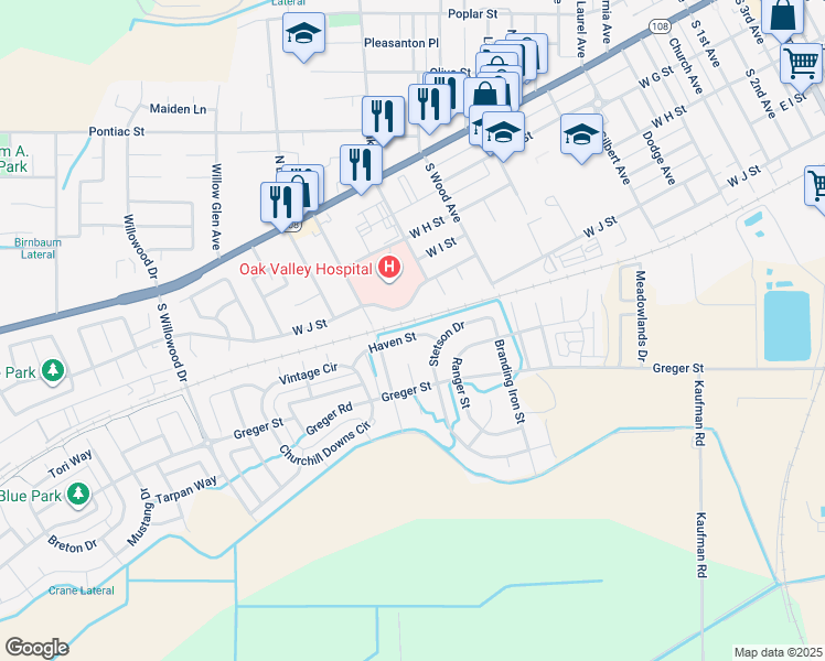 map of restaurants, bars, coffee shops, grocery stores, and more near 1484 Haven Street in Oakdale