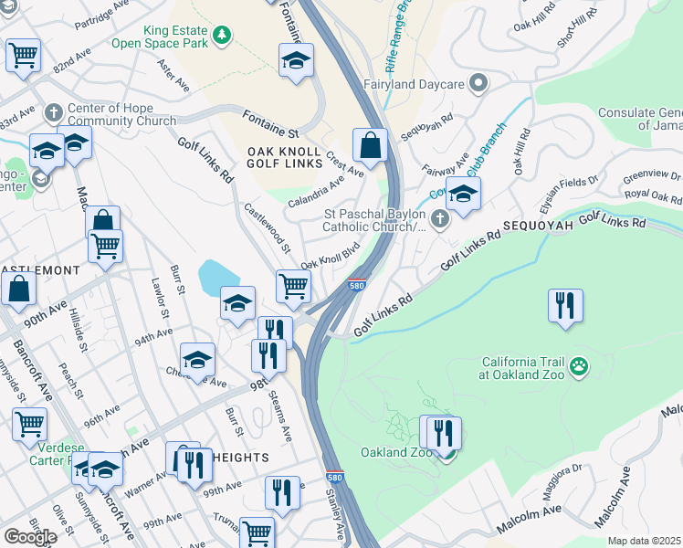 map of restaurants, bars, coffee shops, grocery stores, and more near 3449 Encina Way in Oakland
