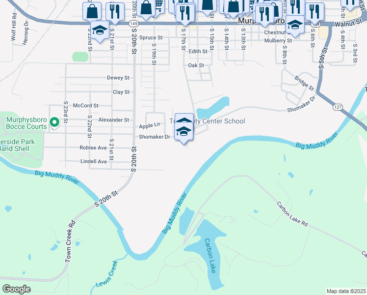 map of restaurants, bars, coffee shops, grocery stores, and more near 1725 Shomaker Drive in Murphysboro