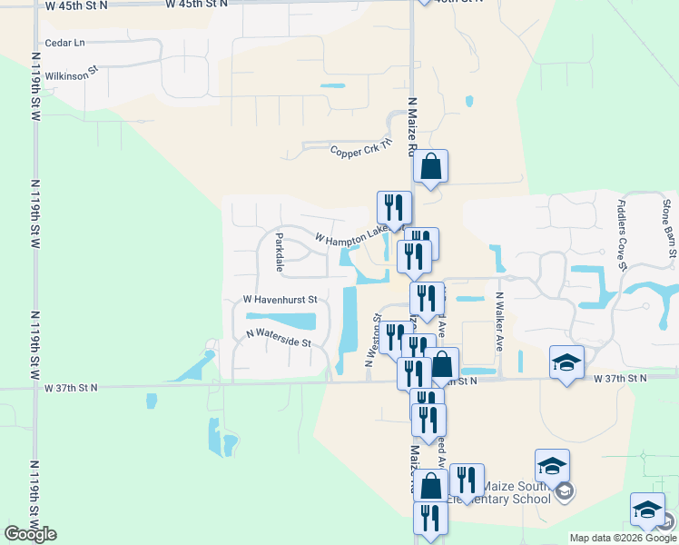 map of restaurants, bars, coffee shops, grocery stores, and more near 4032 North Manchester Street in Maize