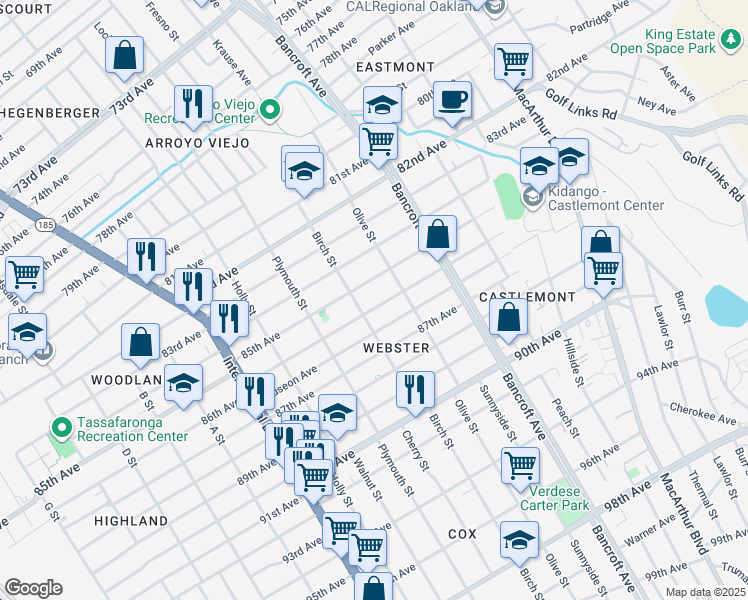map of restaurants, bars, coffee shops, grocery stores, and more near 1927 86th Avenue in Oakland
