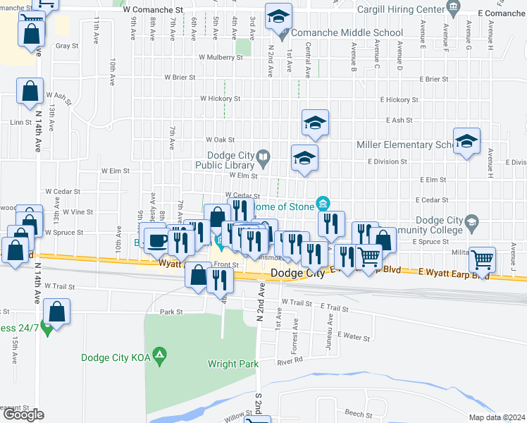 map of restaurants, bars, coffee shops, grocery stores, and more near 803 North 2nd Avenue in Dodge City