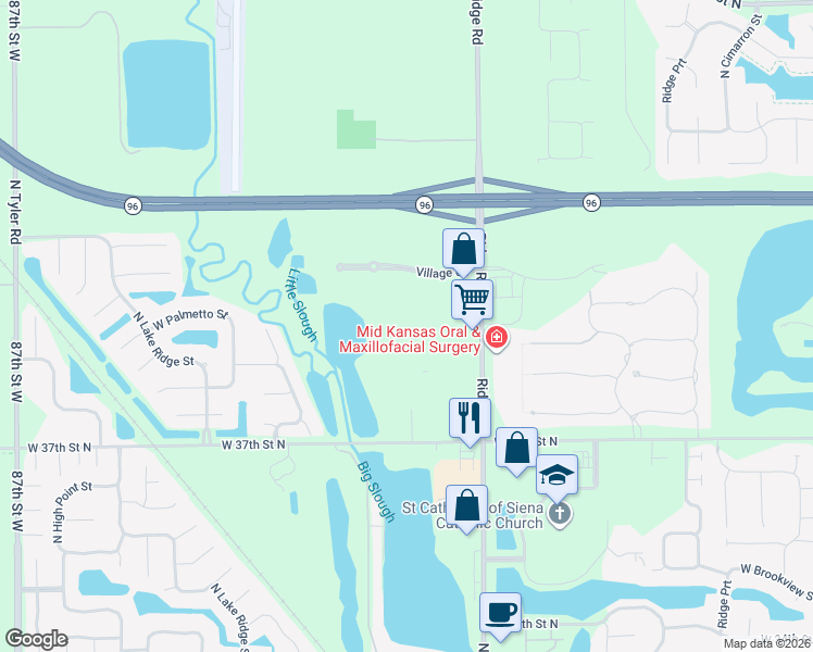 map of restaurants, bars, coffee shops, grocery stores, and more near Village Circle in Wichita