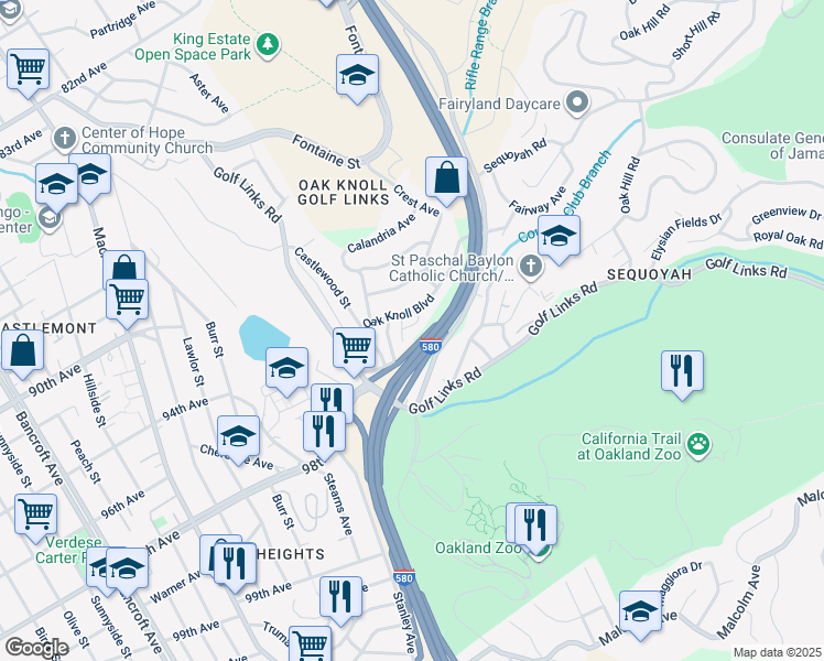 map of restaurants, bars, coffee shops, grocery stores, and more near 3449 Encina Way in Oakland