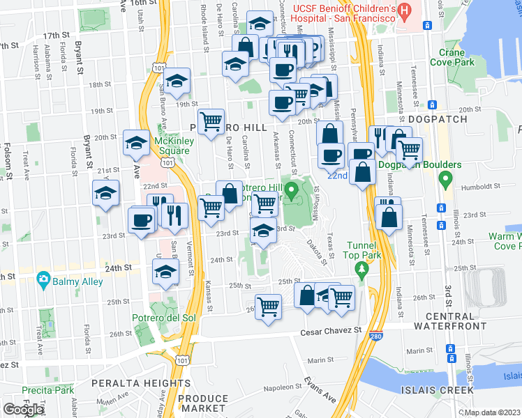 map of restaurants, bars, coffee shops, grocery stores, and more near 863 Wisconsin Street in San Francisco