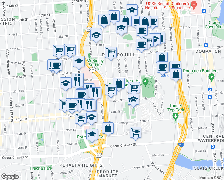 map of restaurants, bars, coffee shops, grocery stores, and more near 1110 Rhode Island Street in San Francisco