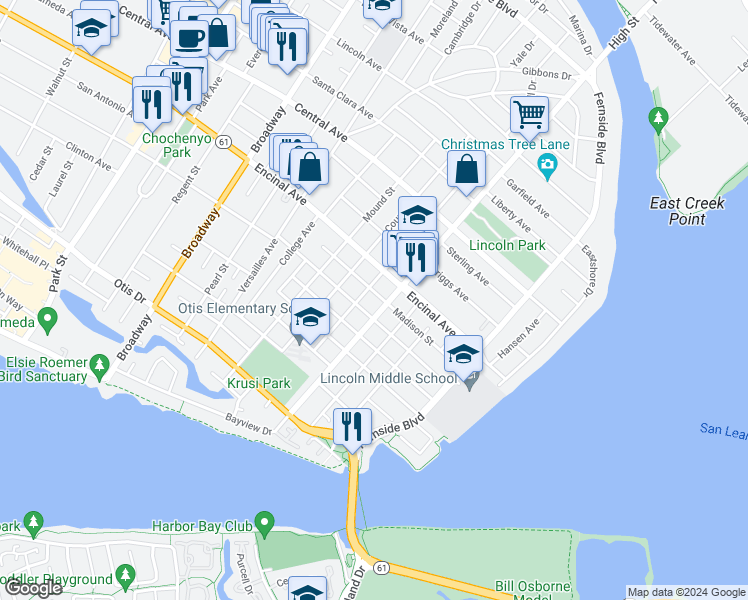 map of restaurants, bars, coffee shops, grocery stores, and more near 1240 Fountain Street in Alameda