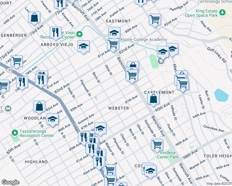 map of restaurants, bars, coffee shops, grocery stores, and more near 1974 85th Avenue in Oakland