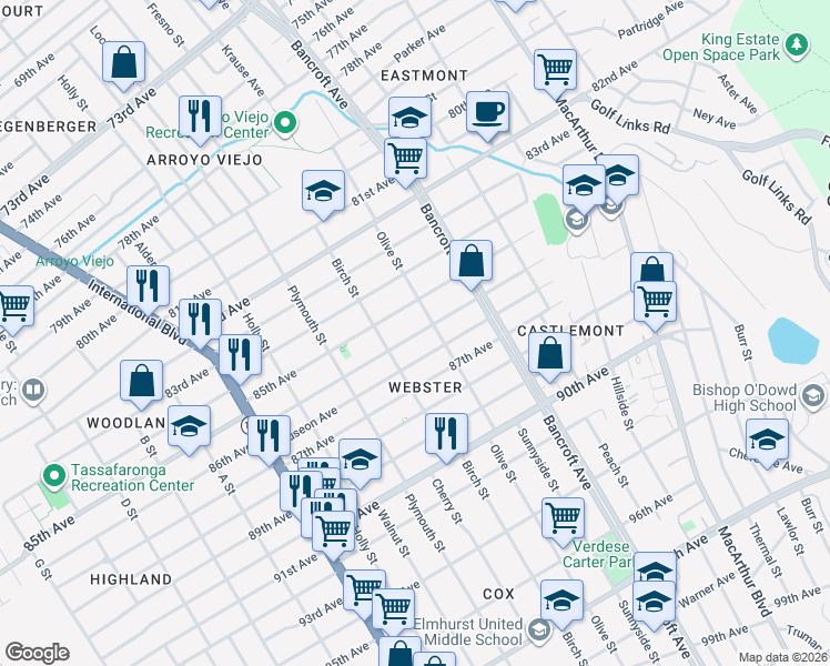 map of restaurants, bars, coffee shops, grocery stores, and more near 1974 85th Avenue in Oakland