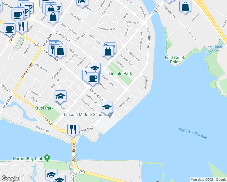 map of restaurants, bars, coffee shops, grocery stores, and more near 3259 Sterling Avenue in Alameda