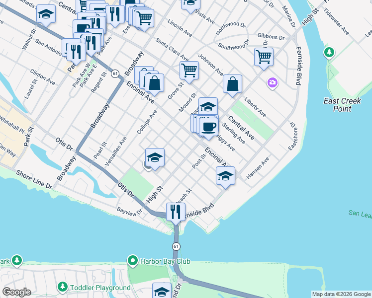 map of restaurants, bars, coffee shops, grocery stores, and more near 1240 Fountain Street in Alameda