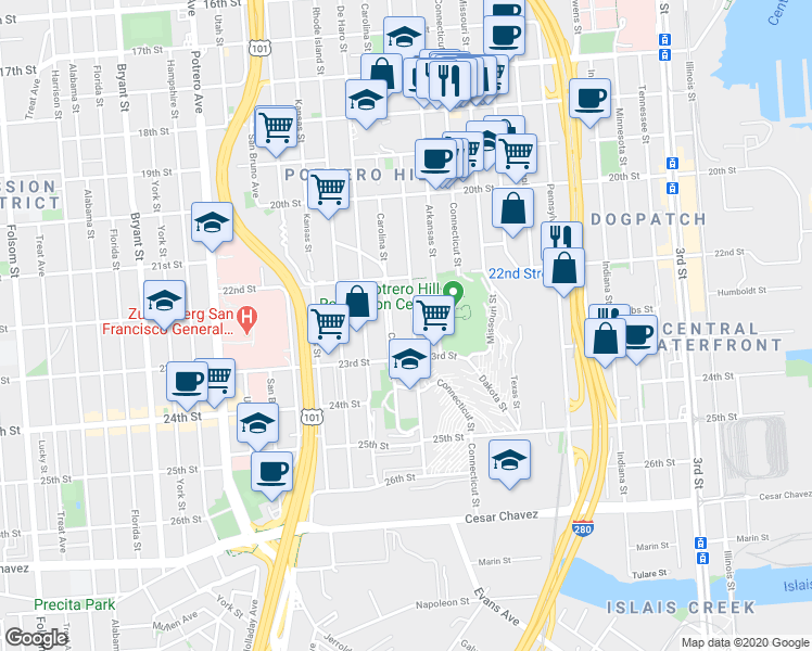 map of restaurants, bars, coffee shops, grocery stores, and more near 863 Wisconsin Street in San Francisco