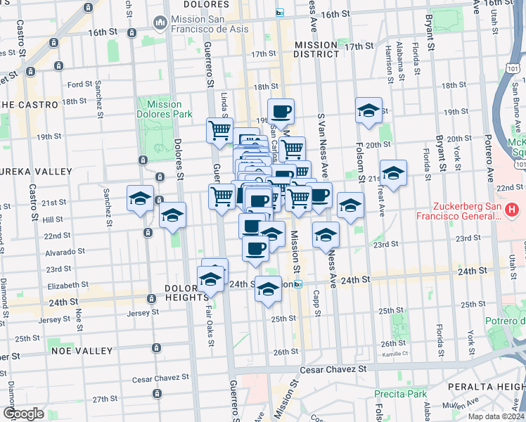 map of restaurants, bars, coffee shops, grocery stores, and more near 1014 Valencia Street in San Francisco