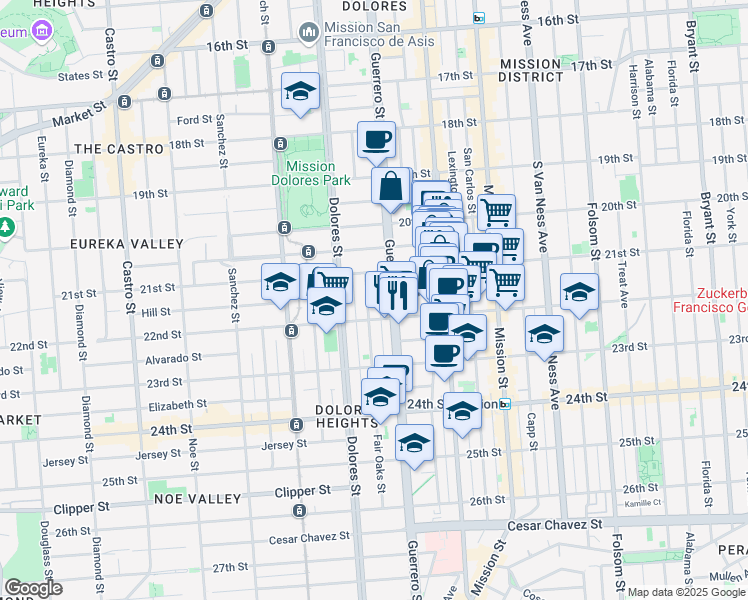 map of restaurants, bars, coffee shops, grocery stores, and more near 3433 21st Street in San Francisco