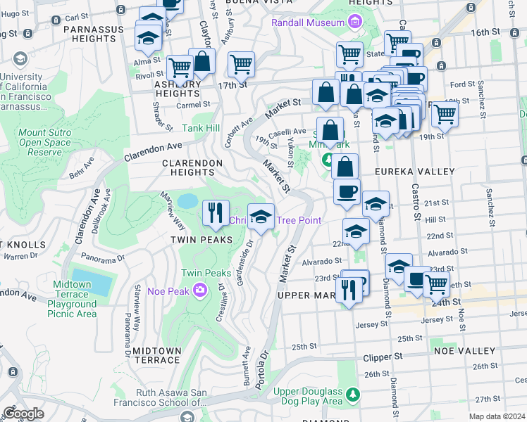 map of restaurants, bars, coffee shops, grocery stores, and more near 642 Corbett Avenue in San Francisco