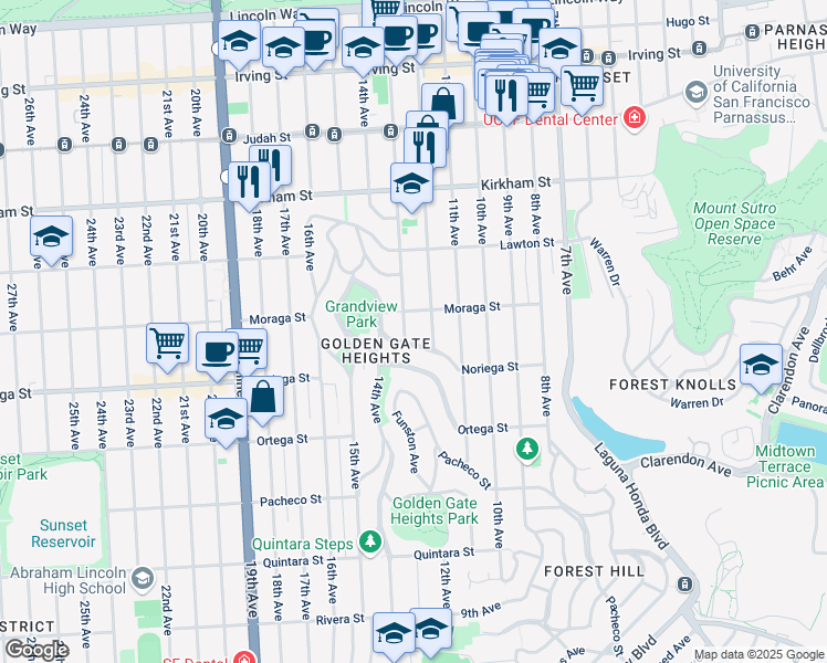 map of restaurants, bars, coffee shops, grocery stores, and more near 549 Moraga Street in San Francisco