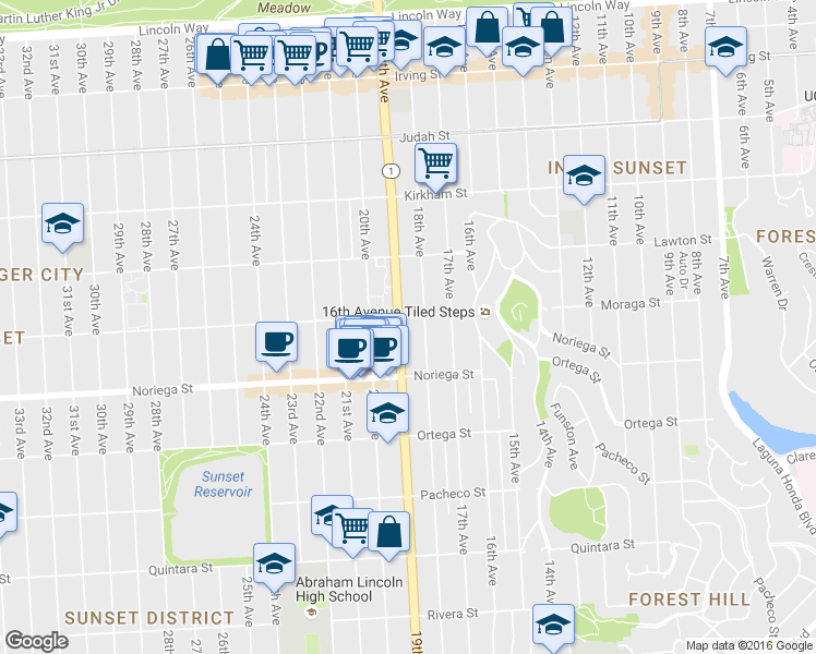 map of restaurants, bars, coffee shops, grocery stores, and more near 1684 California 1 in San Francisco
