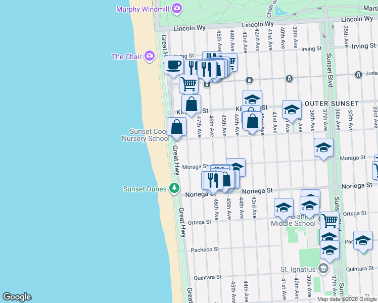 map of restaurants, bars, coffee shops, grocery stores, and more near 4201 Lawton Street in San Francisco