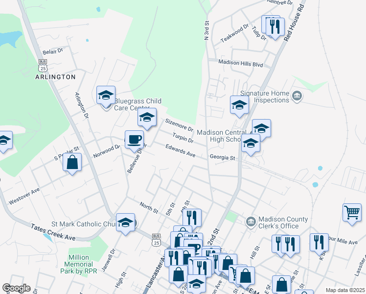 map of restaurants, bars, coffee shops, grocery stores, and more near 5 Turpin Drive in Richmond