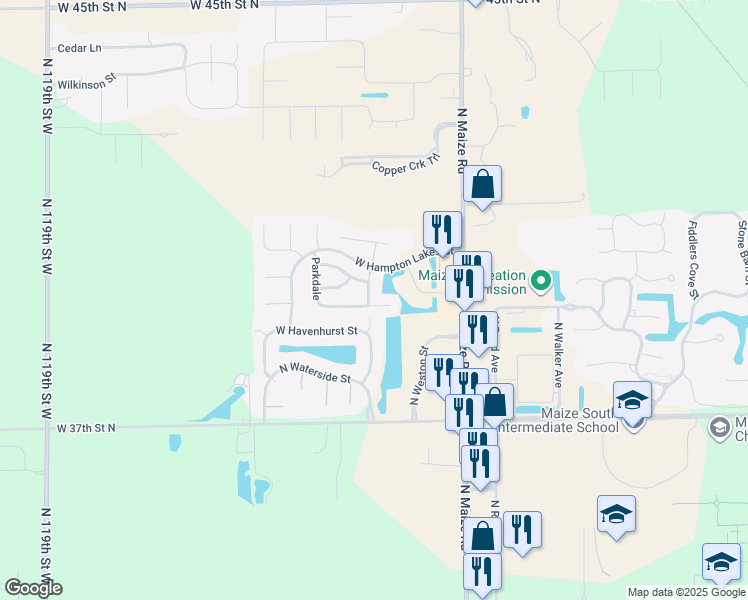 map of restaurants, bars, coffee shops, grocery stores, and more near 4032 North Manchester Street in Maize