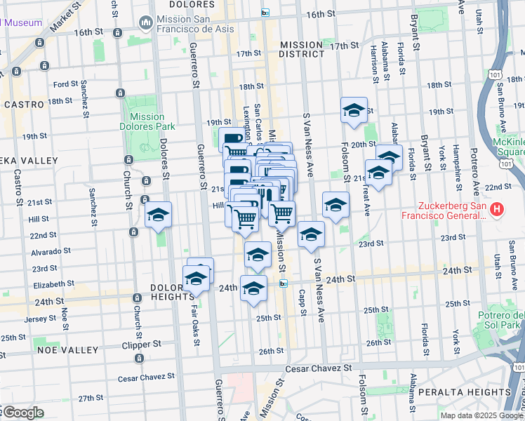 map of restaurants, bars, coffee shops, grocery stores, and more near 33 Bartlett Street in San Francisco