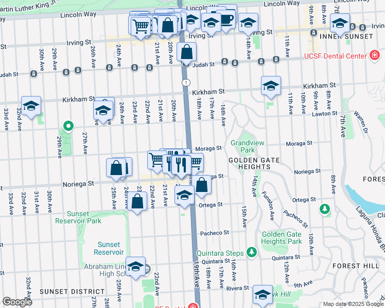 map of restaurants, bars, coffee shops, grocery stores, and more near 1710 19th Avenue in San Francisco