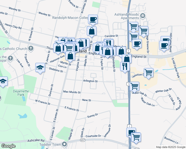 map of restaurants, bars, coffee shops, grocery stores, and more near 154 Arlington Square in Ashland