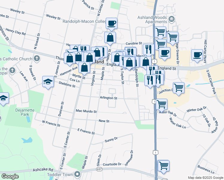 map of restaurants, bars, coffee shops, grocery stores, and more near 154 Arlington Square in Ashland