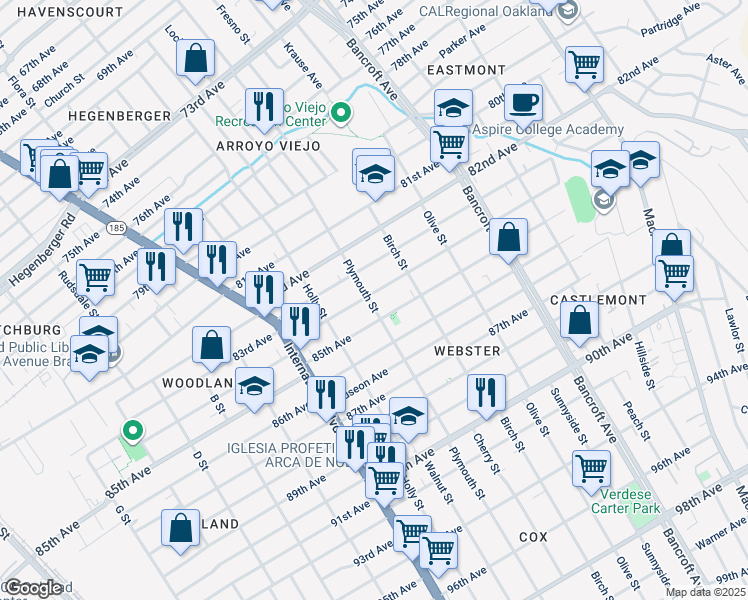 map of restaurants, bars, coffee shops, grocery stores, and more near 1700 84th Avenue in Oakland